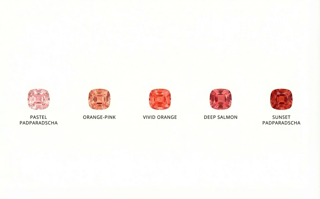 Padparadscha sapphire color range showing pink-orange variations