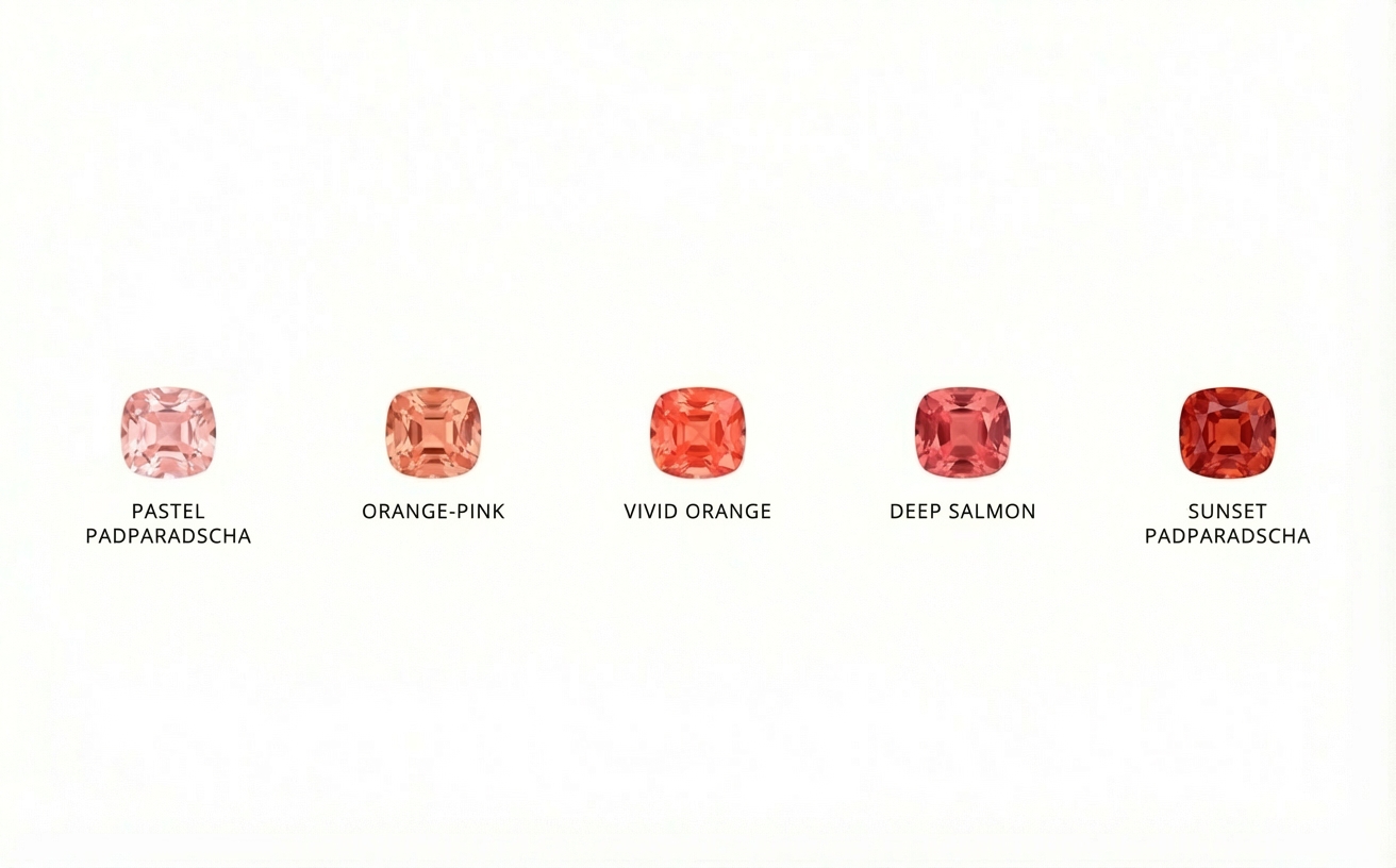 Padparadscha sapphire color range showing pink-orange variations