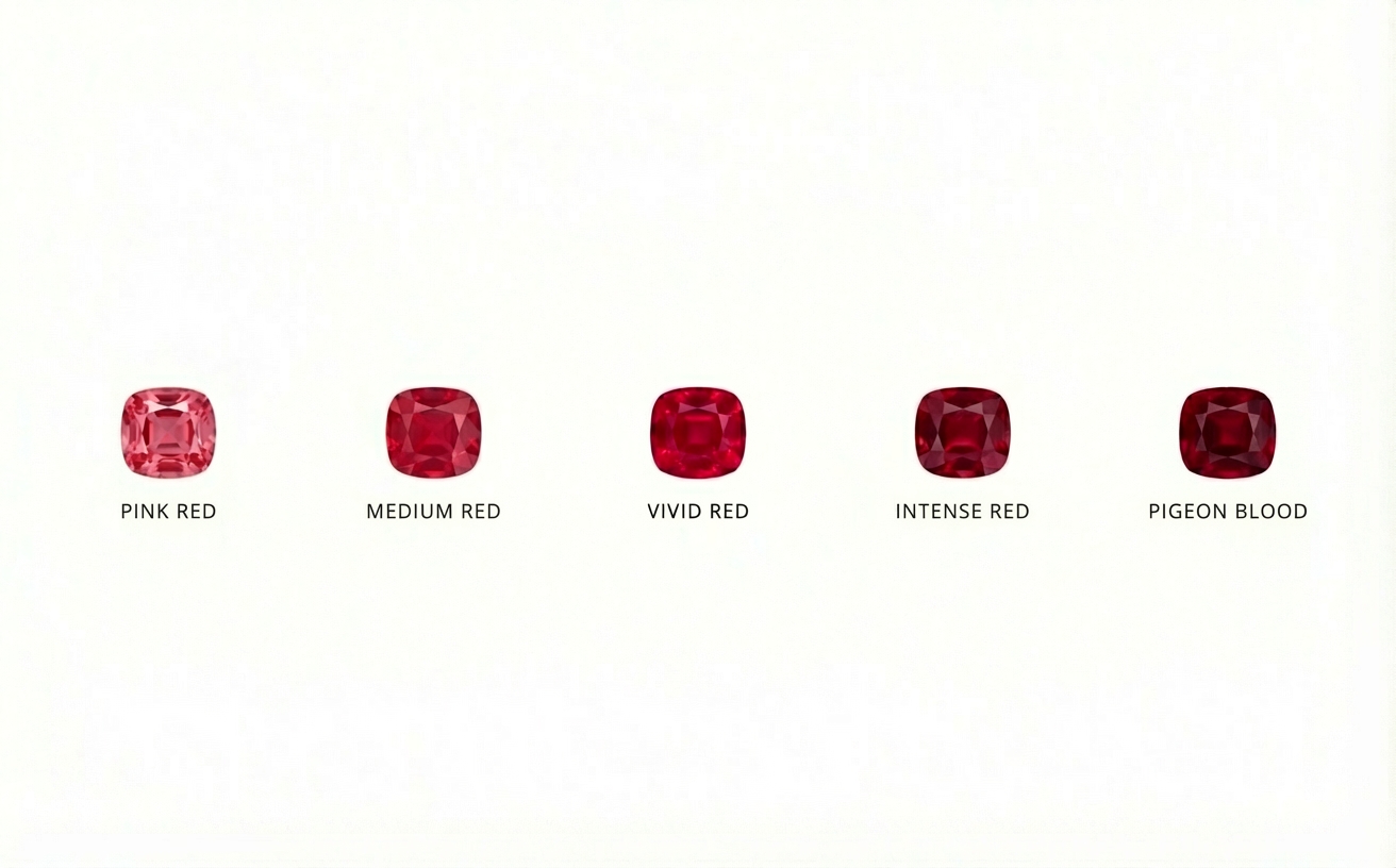 Ruby color grades from Pinkish Red to Pigeon Blood