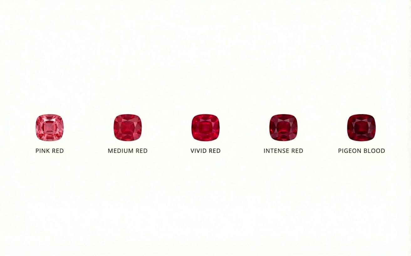 Ruby color grades from Pinkish Red to Pigeon Blood