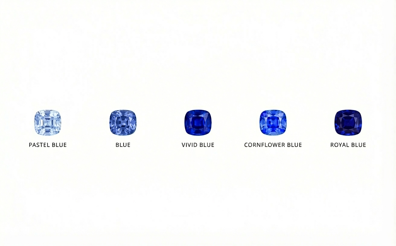 Blue sapphire color grades: Pastel Blue, Blue, Vivid Blue, Cornflower Blue, Royal Blue